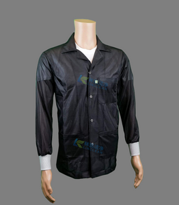 Schwarze ESD-Arbeitskleidung aus Reinraum-Polyester und Carbon mit Reverskragen und Rautenstrick